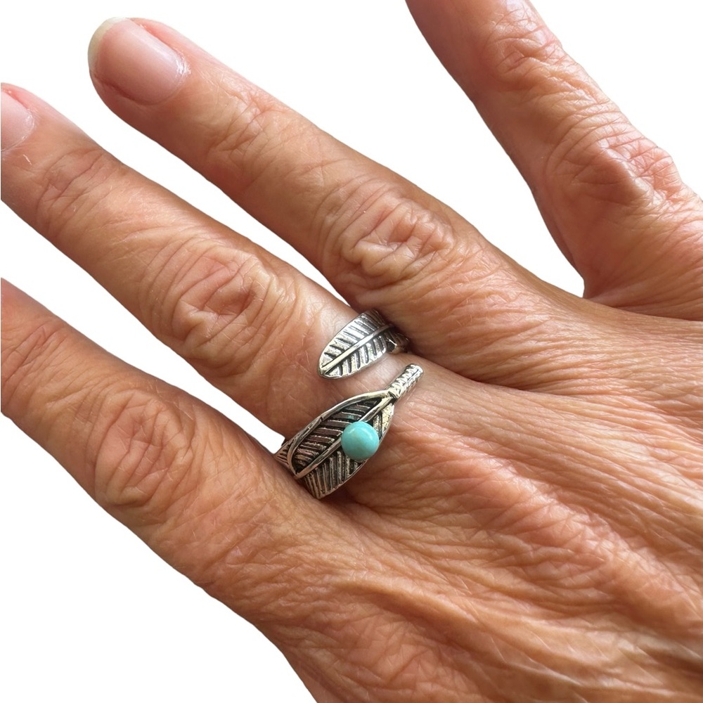 Silver Feather Wrap Open Ring with Turquoise Accent